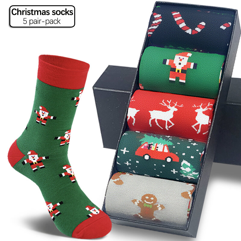 Рождественские носки, мужские хлопковые цветные модные дизайнерские Классические носки, забавные Рождественские Длинные носки с Санта-Клаусом, оленем, подарочные носки большого размера 39-46
