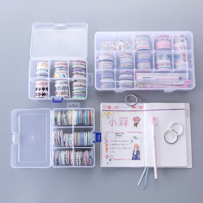 Sharkbang-100 Uds. Con caja de PVC álbum de recortes de cinta adhesiva Washi DIY, cinta adhesiva, cuadernos de decoración, pegatina, conjunto de papelería, suministros para diario