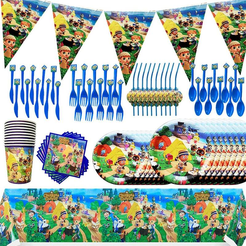 Vaisselle jetable thème Animal Crossing, assiettes et tasses, décoration de fête d'anniversaire pour enfants, fournitures de fête prénatale