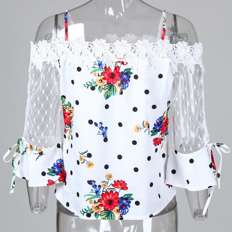 2020 jesień kobiety eleganckie stylowe Party Top kobieta moda podstawowe Casual Shirt zimne ramię Mesh wstaw kropki kwiatowy Print bluzka