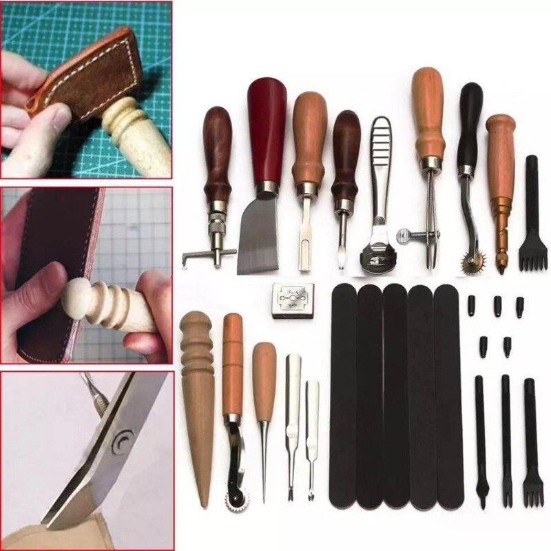 Professionele Leer Hobbygereedschappen Kit Hand Naaien Stiksels Punch Carving Werk Zadel Groover Set Accessoires Diy
