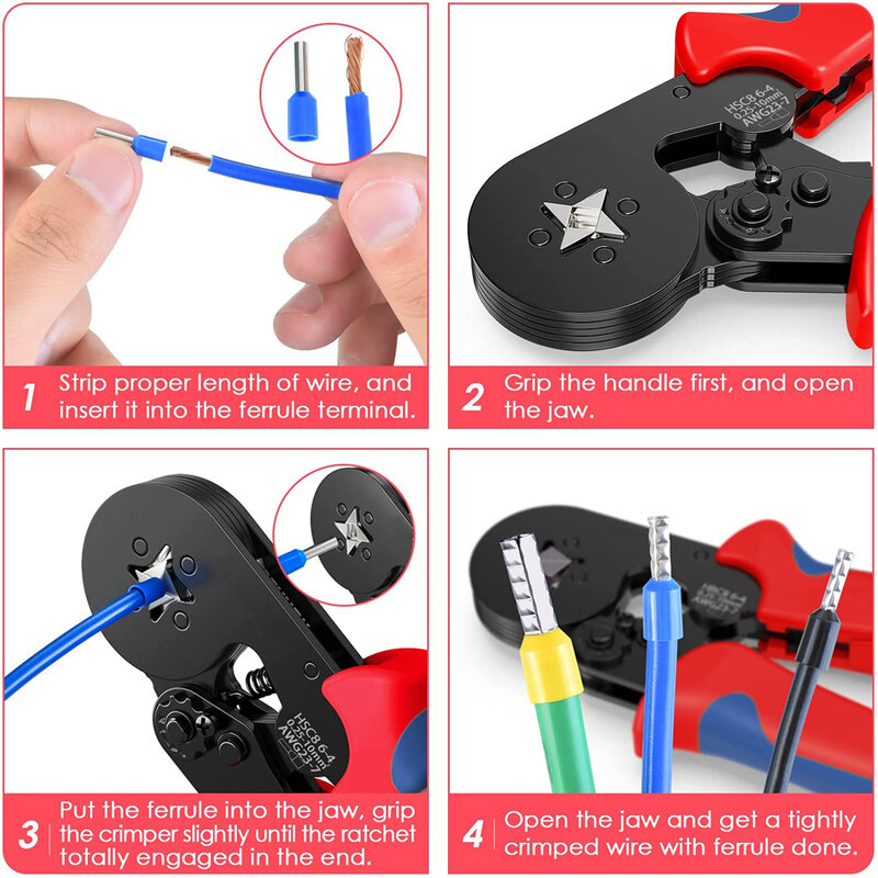 Ferrule Crimping Tool Kit 0.25-10mm² Self-adjustable Ratchet Wire Crimping Plier Crimper Plier Set Tubular Terminals Clamp Tool