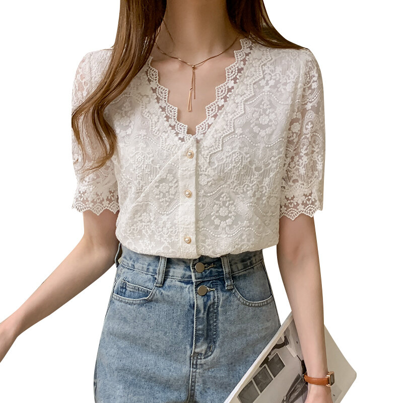 Женская кружевная блузка с вышивкой, белая элегантная офисная блузка с V-образным вырезом и коротким рукавом, Повседневная рубашка