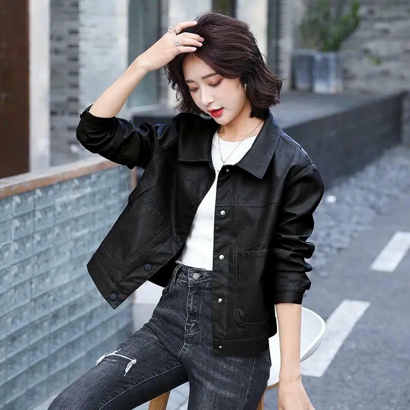 Spring Autumn 2021Pu Leather Jackets Women Motorcycle Lapel Coat Female Casual Fashion Hidden Button Short Leather Jacket Tops