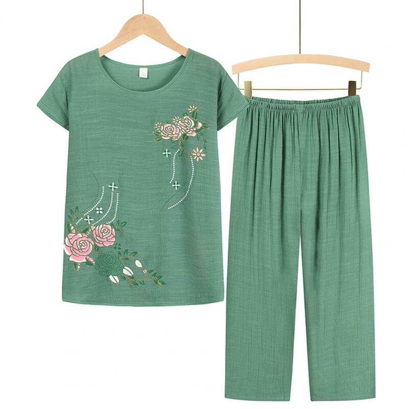 여성용 반팔 바지 투피스 세트, 우아한 꽃무늬 프린트 정장, 루즈한 티셔츠, 중년 복장, 여름