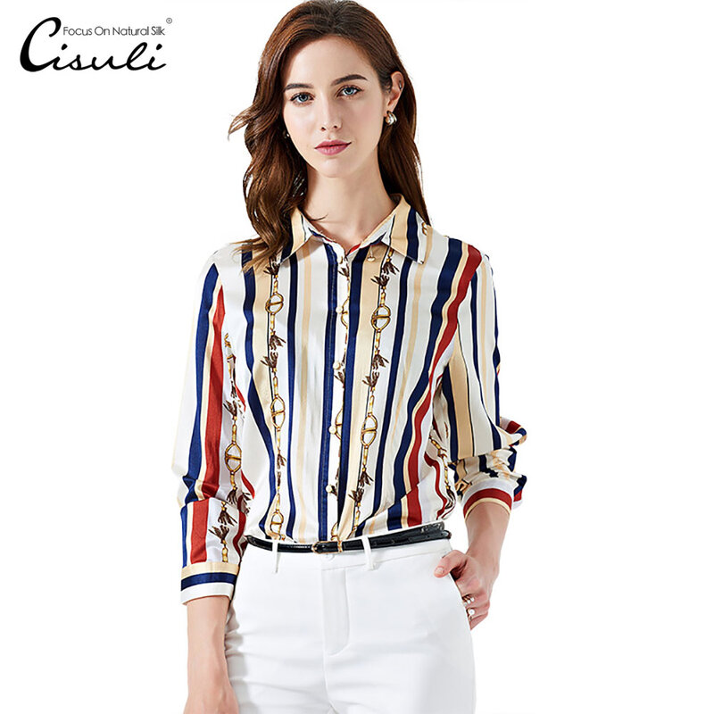 CISULI 100% Mulberry Silk Shirt/Satin Blouses/Shirt Woman Long Sleeve/ Women's Shirt/Slim Stripe Summer Ladies Tops
