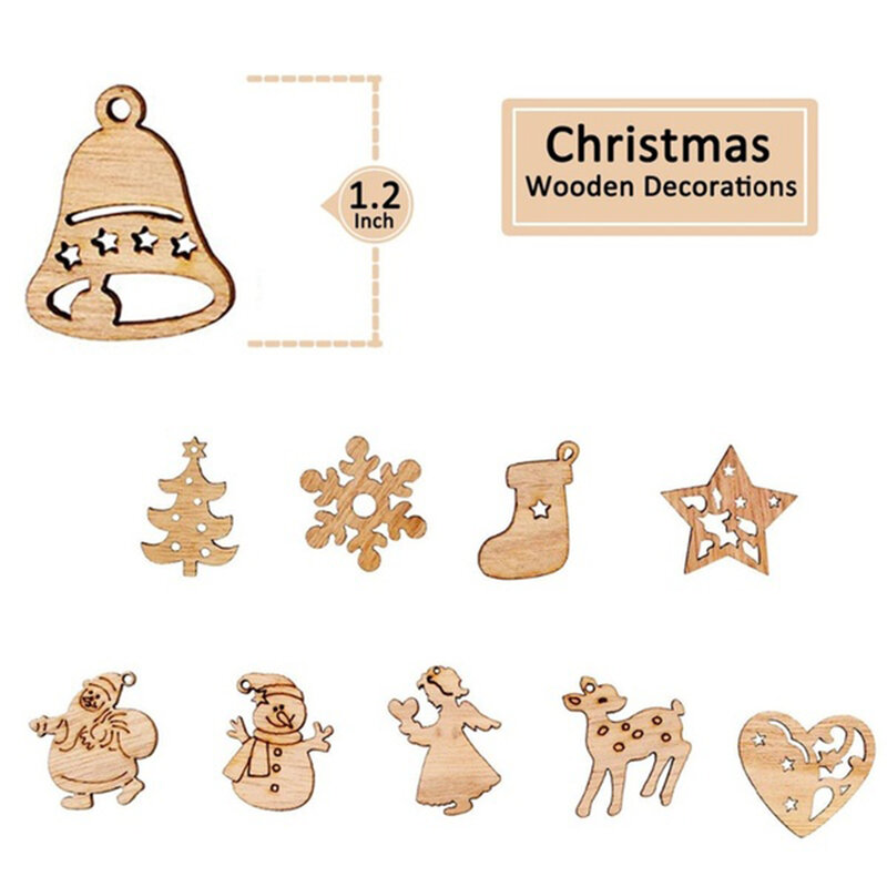 50/100PCS DIY NaturalWooden Chip Christmas Tree Hanging Ornaments Pendant Kid Gifts Snowman Tree Shape Xmas Ornaments Decoration