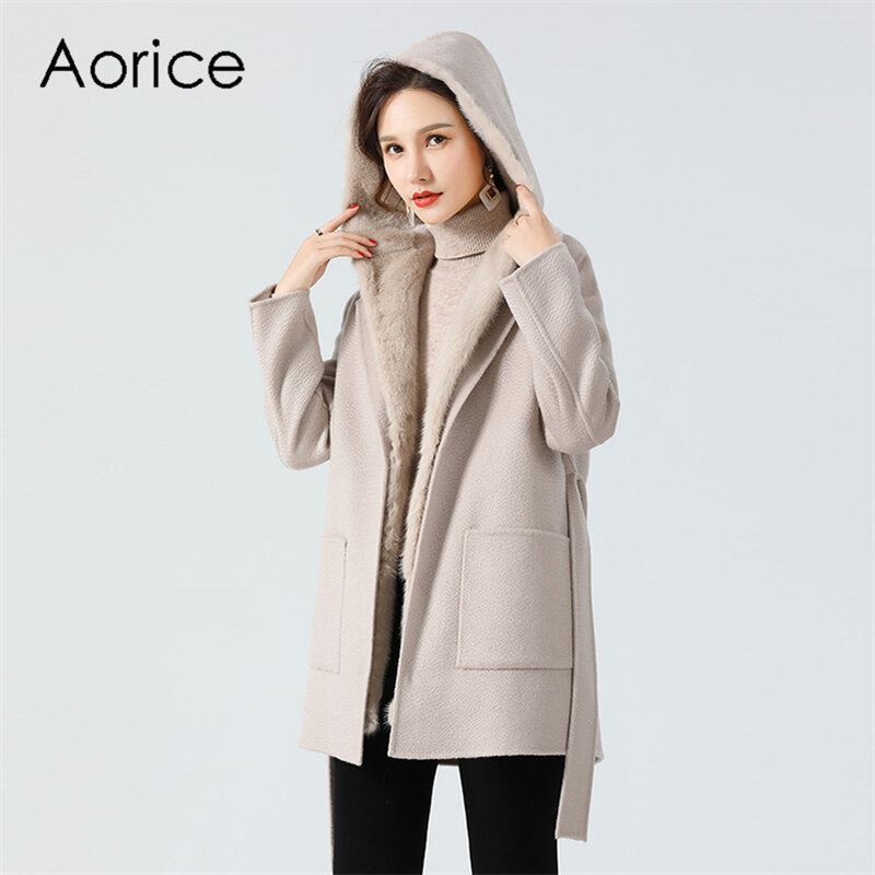 Aoice-冬用の毛皮のコートジャケット,女性用の本物の毛皮のフード,ウサギの毛皮の裏地,レインコート,長いトレンチコート,z19172,2020
