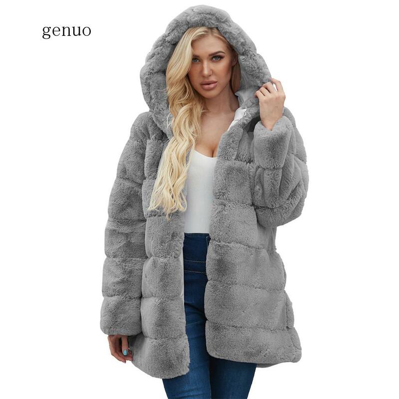 Ropa de invierno de piel de gato para Mujer, Abrigo cálido de piel sintética, chaqueta lisa con capucha, novedad, a la moda, 2020