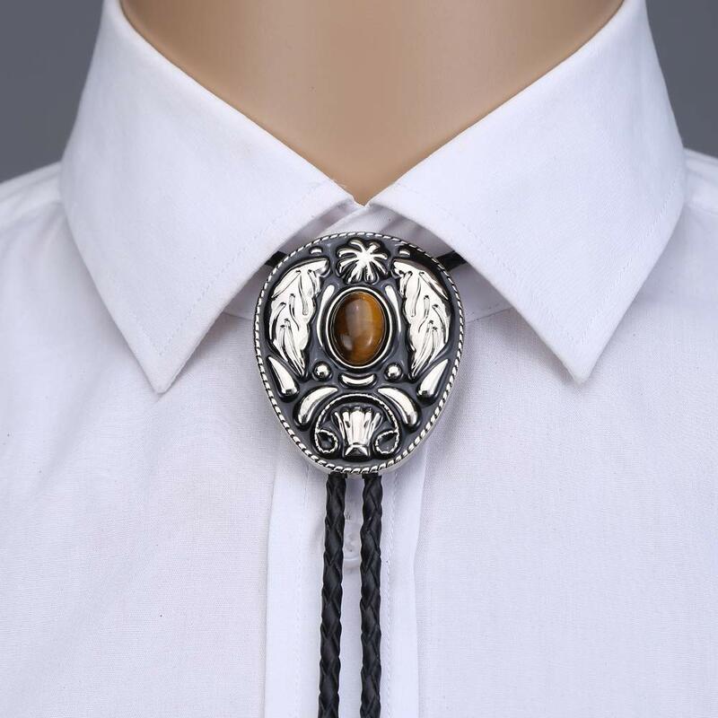 Gravata Bolo de pedra olho tigre vintage para homens, liga de zinco, vaqueira ocidental, corda de couro artesanal, vaqueiro indiano