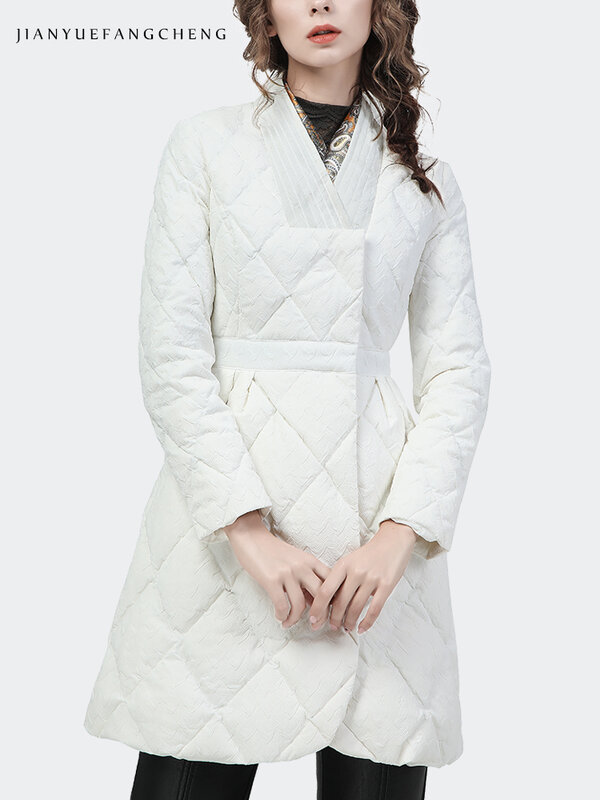 Long Parkas Women Winter Embroidery V-Neck Down Jacket Warm Lightweight White Duck Down Padded Puffer Coat 2022 Winter New Coats