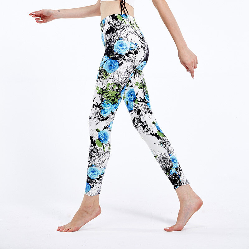 YRRETY Floral wydrukowano legginsy Push Up damskie spodnie do fitnessu elastyczny spandeks trening dzianiny Plaid kostki poliester dół