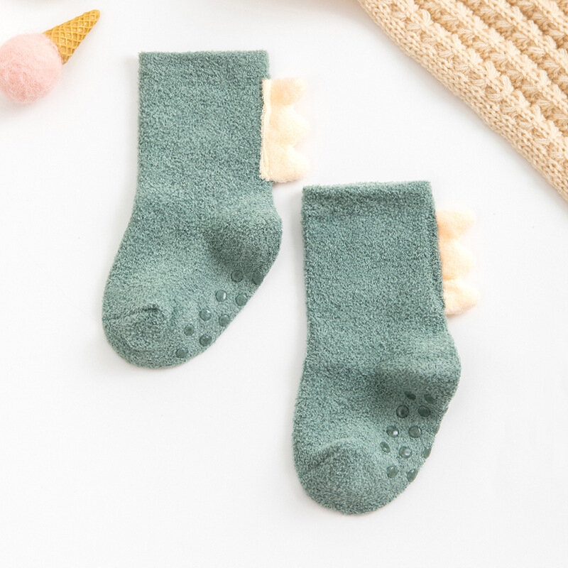 Детские носки для малышей, детские зимние толстые флисовые хлопковые осенние носки для новорожденных мальчиков и девочек с рисунком динозавра