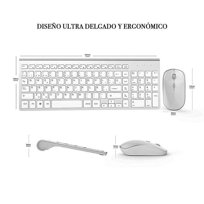 Combinação de teclado e mouse sem fio com layout espanha, conexão estável de 2.4ghz, teclado portátil e mouse em branco prateado.