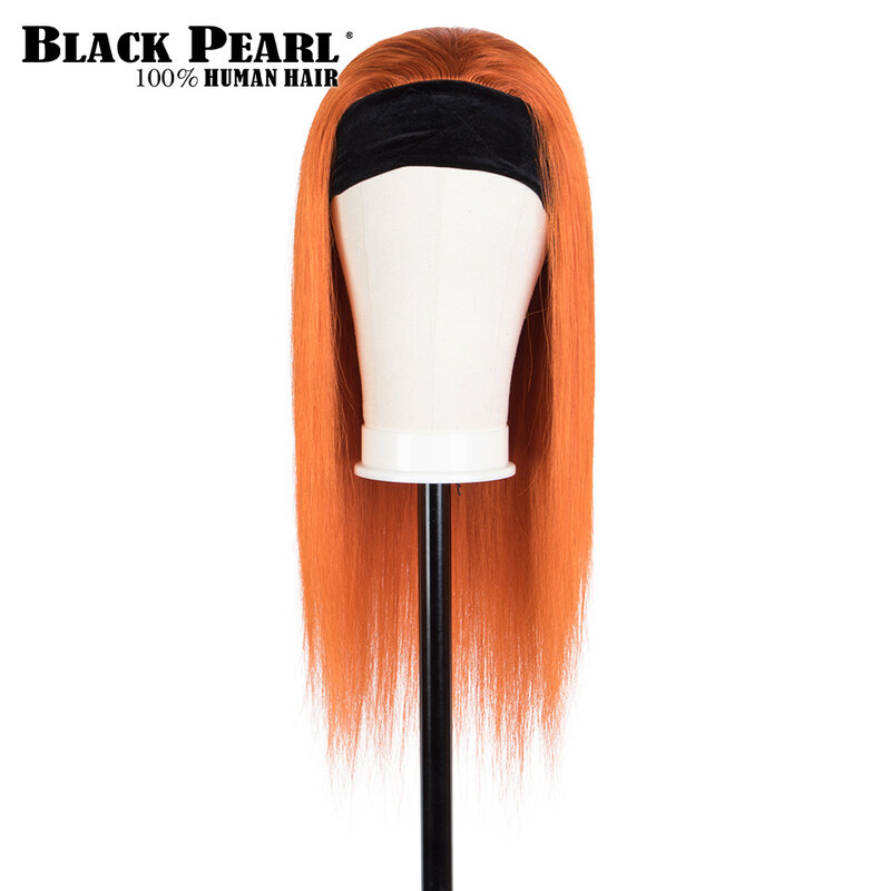 Peluca de cabello humano liso para mujeres afroamericanas, pelo liso de Color naranja, jengibre, Perla Negra, Diadema naranja