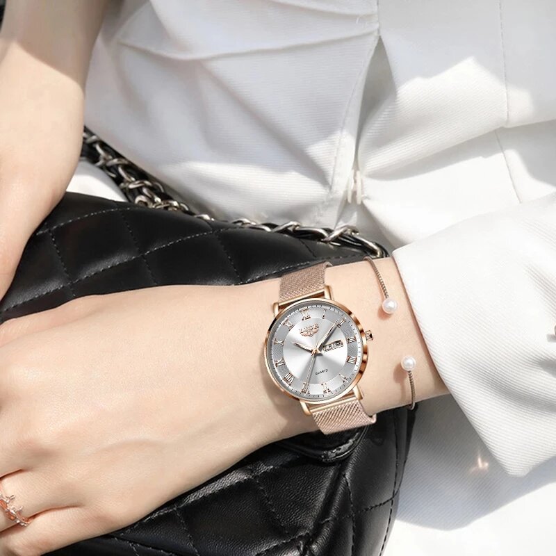 LIGE 여성용 초박형 쿼츠 시계, 럭셔리 브랜드, 패션 시계, 스테인레스 스틸, 방수 달력 주 손목시계