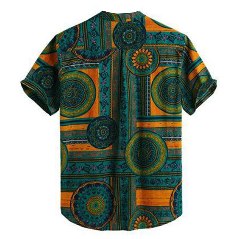 Camisa estampada de geometria étnica de cor solta masculina, pulôver de manga curta, camisa casual masculina, parte superior de botão, negócio, verão