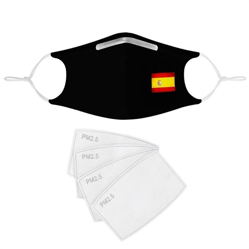 Patrón de máscara personalizada con bandera española, 4 Uds., máscaras de filtro, inserto de carbón, antiinfección máscara antipolvo, cubierta facial negra reutilizable, España