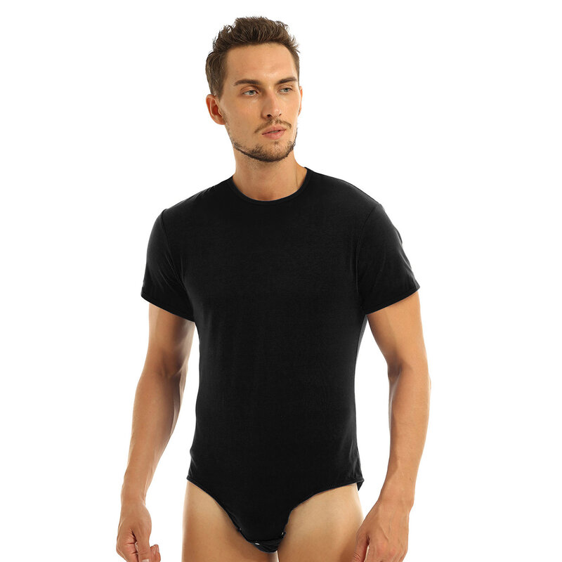 Camiseta de entrepierna de presión para hombres adultos, body Sexy, lencería de una pieza, cuello redondo, mangas cortas, mameluco, pijamas, ropa interior para hombres