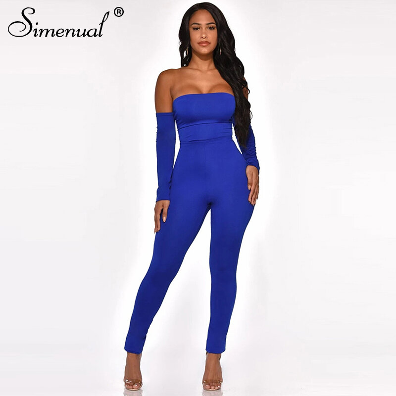 Simenual Fashion Lace Up Backless Rompers Womens Jumpsuit Off Shoulder Long Sleeve Skinny Bodycon Jumpsuits Solid Sexy 2020