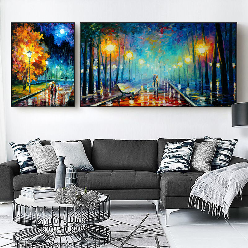 Nordic abstract oil painting lovers in the rain at night canvas painting office living room corridor home decoration murals