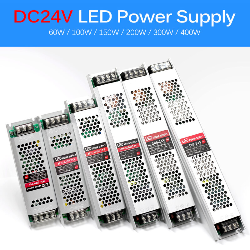Ultra fino LED fonte de alimentação, transformadores de iluminação, driver para tiras de LED, DC 12V, 24V, 60W, 100W, 150W, 200W, 300W, 400W, CA 190-240V