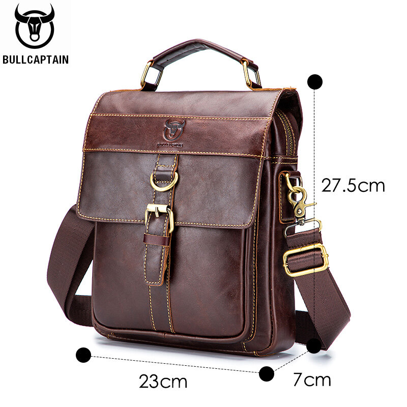 BULLCAPTAIN Men's Leather Shoulder Bag, Retro Business Crossbody Bag, Large Capacity Fashion Casual Youth Student Handbag