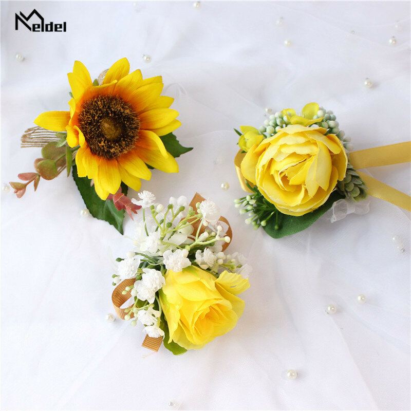 Meldel corsage pulseira damas de honra flor artificial amarelo casamento noivo boutonniere flor de seda broche casamento corsge