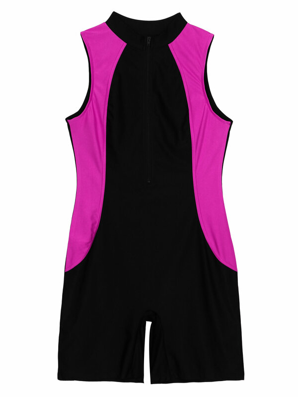 Women One-piece Swimsuit Sleeveless Crew Neck Front Zipper Rompers Splicing Color Bodysuit Jumpsuit Athletic Bathing Suit