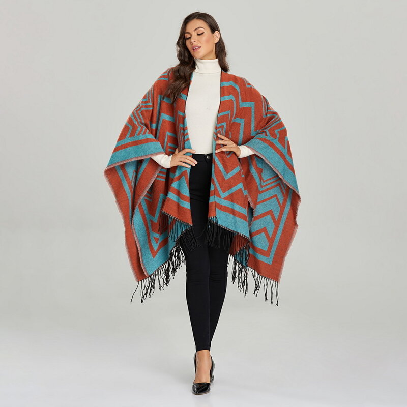 2021ผู้หญิงใหม่ฤดูหนาว Ponchos Coat Warm Shawl เลดี้เรขาคณิตลายผ้าพันคอผ้าพันคอผ้าพันคอผ้าพันคอหรูหราขนาดใหญ่ Tassels ผ้าพันคอ Cape ผ้าห่ม