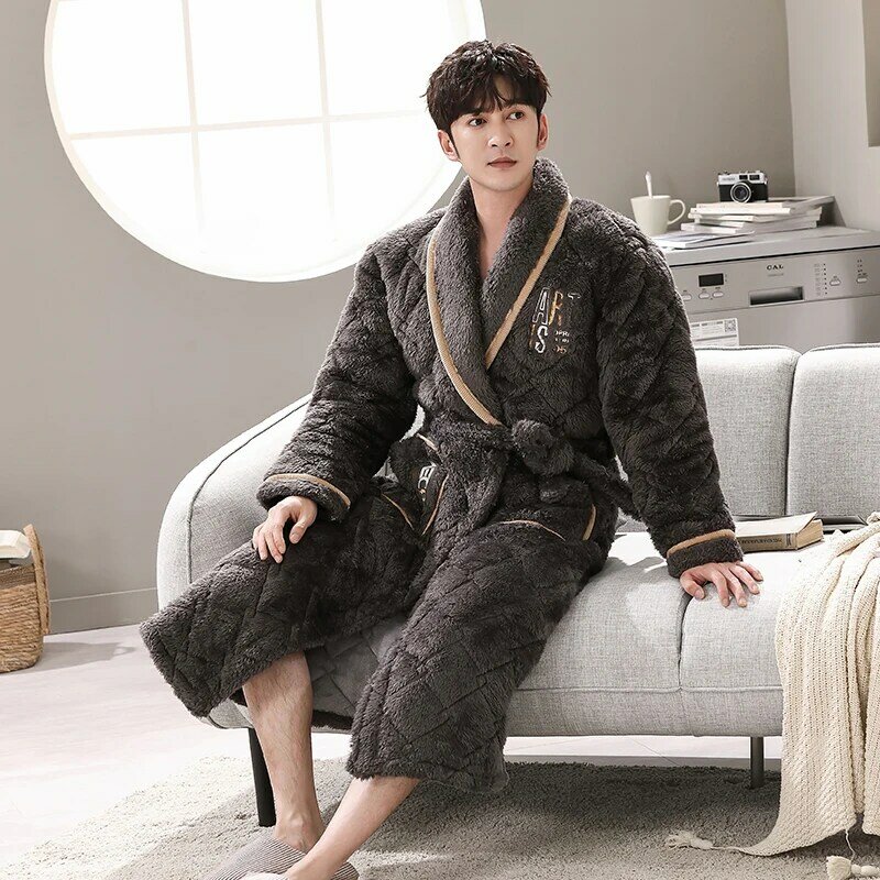 Roupão de banho de inverno de lã coral roupão de banho masculino roupão de banho homem flanela acolchoado pijama grosso longo spa robe chuveiro homewear