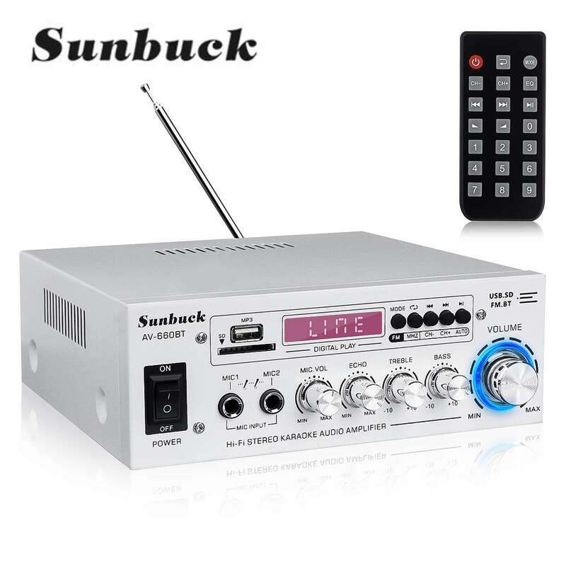 Sunbuck av amplificador de potência 2.0 canais áudio amplificadores de cinema em casa dc 12v 110v/220v suporte eq fm sd usb 2 mic 5.0 bluetooth