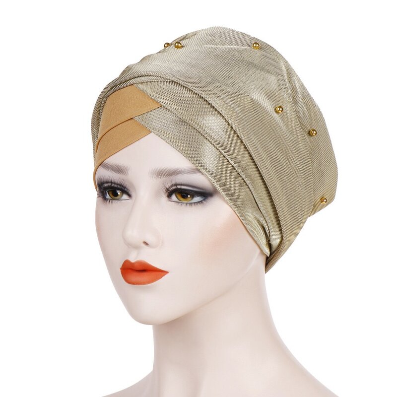 Turban à longue queue croisé au front pour femme, foulard de sauna à perles musulmanes, couvre-chef pour femme, bonnet Hijab féminin Islam