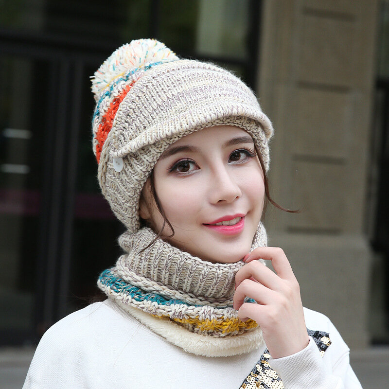 2pcs 패션 여성 따뜻한 귀 머 거리 니트 양모 모자와 스카프 세트 레이디 가을 겨울 사이클링 모자 액세서리