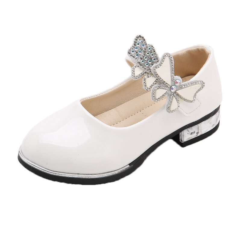 Zapatos de princesa para niñas, zapatos de vestir con lazo de diamantes de imitación, fiesta de moda, negros con tacones altos, zapatos de rendimiento para estudiantes, Lager