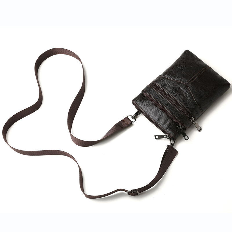 Bandolera de cuero de vaca Vintage para hombres, bandolera de mensajero de moda de Color sólido con cremallera para hombre, bolsa del teléfono móvil Casual