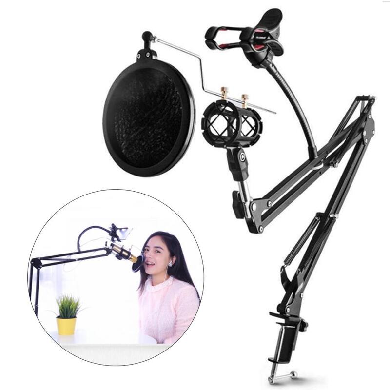 Support de bras de ciseaux DYY Microphone et pince de montage de Table et bouclier de pare-brise de filtre NW et Kit de montage en métal