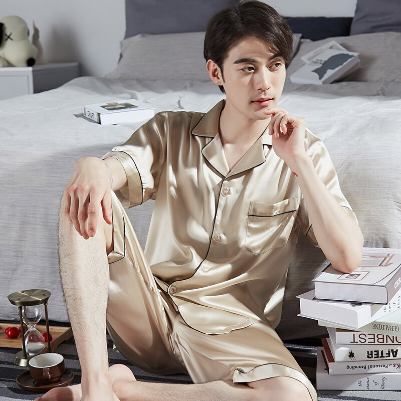 Pijama corto de seda Real para Hombre, ropa de dormir de verano, 100%