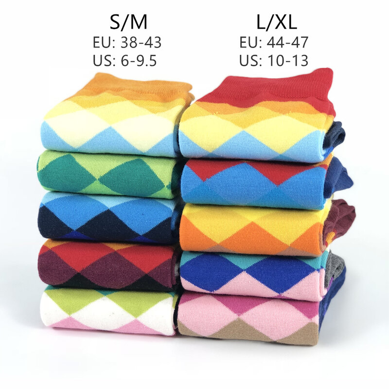 Męskie skarpetki Standardowe Casual Happy Socks Wysokiej jakości bawełniane skarpetki w romby 10 kolorów Garnitur dla par Męskie skarpetki w dużych rozmiarach