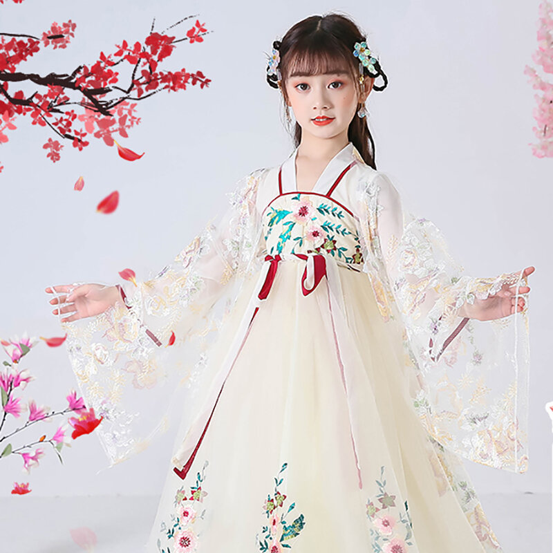 Trẻ Em Phong Cách Trung Hoa Thêu Hanfu Cổ Mùa Hè Dài Tay Siêu Tiên Hanfu Đơn Giản Đầm Bé Gái Trang Phục Váy LC142