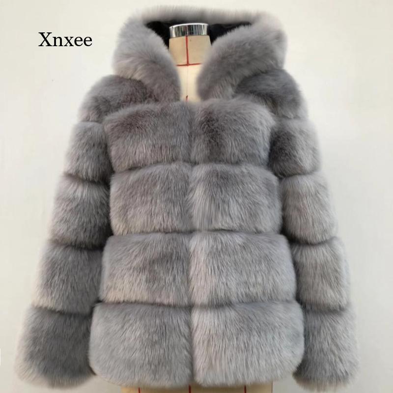 Женское теплое пальто из искусственного меха с капюшоном и длинными рукавами