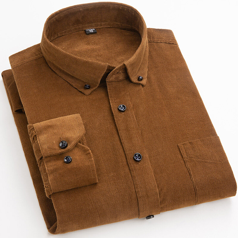 코튼 코듀로이 셔츠 긴 소매 레귤러 핏 남성 캐주얼 셔츠, 따뜻한 S ~ 6xl 단색 남성 셔츠, 포켓 포함, 가을 품질, 겨울