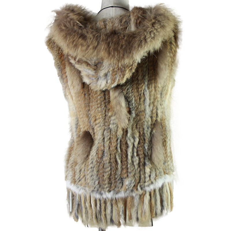 Harppihop-Rabbit Fur Vest com capuz, Guaxinim Fur Trimming, Colete de malha, Gilet elegante