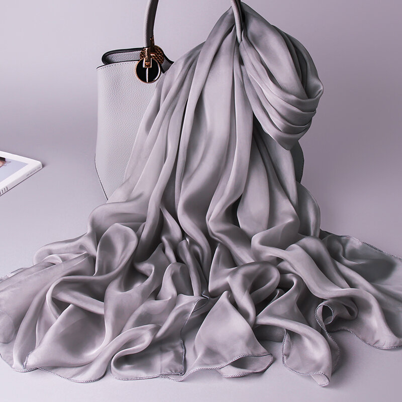 Bufanda de seda auténtica para mujer, chales finos de gasa, pañuelo sólido, pañuelo de seda Natural, 100%