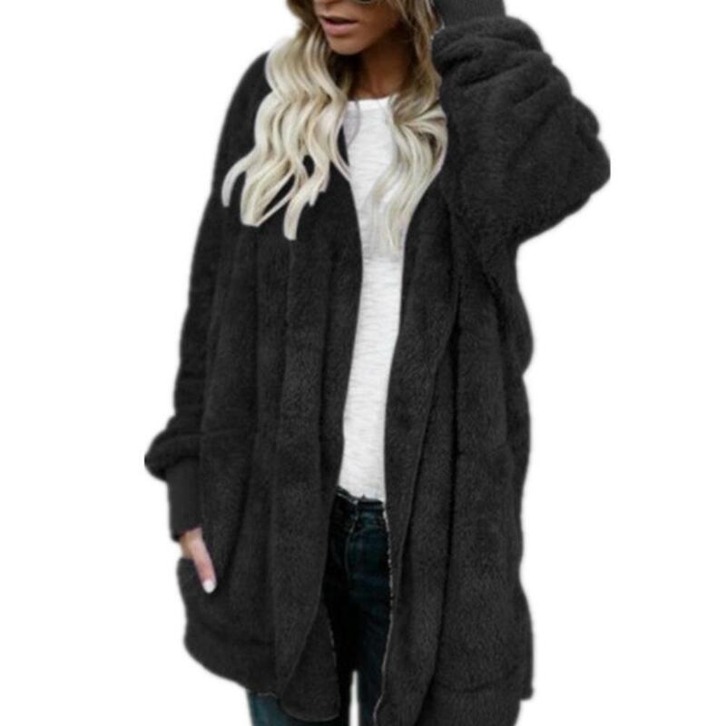 80% HOT SALES！！！Winter Casual Women Solid Color Thick Faux Fur Hooded Coat Long Sleeve Outwear