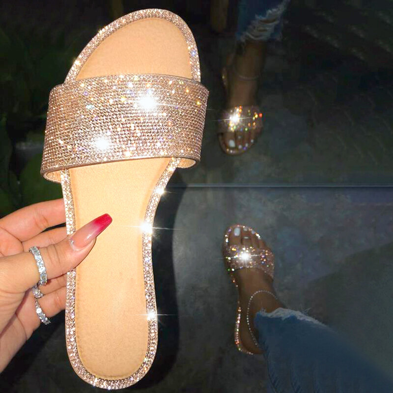 Glitter Hausschuhe Frauen Sommer Sandalen 2021 Mode Bling Weiblichen Candy Farbe Flip-Flops Strand Diamant Flache Schuhe Outdoor Sandalen