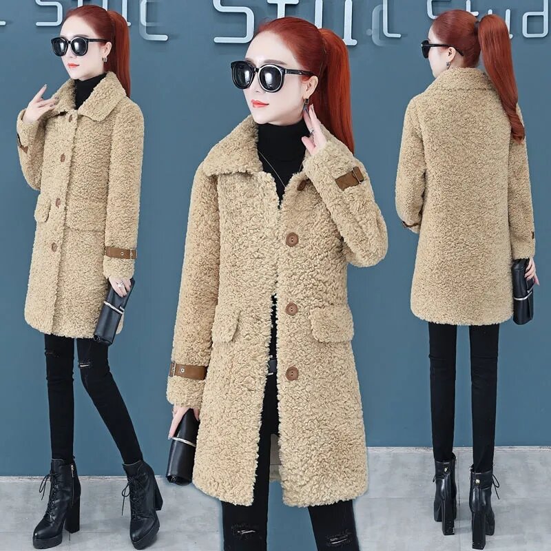 Abrigo de lana de cordero para mujer, abrigo de lana holgado coreano medio largo de piel sintética para primavera y otoño 2023