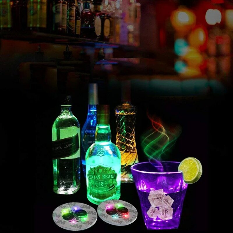 LED Glow Bottle Stickers Light Fantasy Luminescent Coaster Lamp 6cm 4leds Battery Powered for Christmas Party Drink Cup Decor