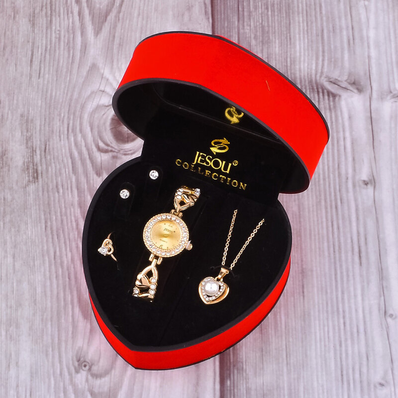 Комплект женских часов с браслетом и кольцом, ювелирный комплект из колье и серёг, кварцевые украшения с кристаллами золотого цвета, хороший подарок на день Святого Валентина