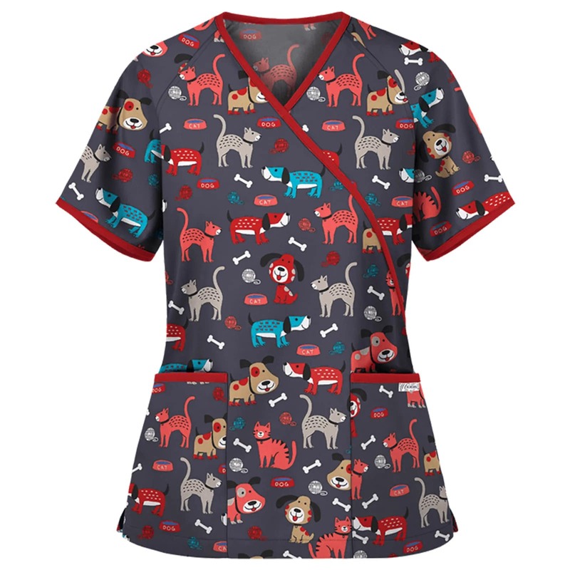 Uniforme de enfermera de manga corta para mujer, ropa de trabajo con cuello en v, uniforme de trabajo con estampado de dibujos animados, blusa de enfermería médica informal de poliéster